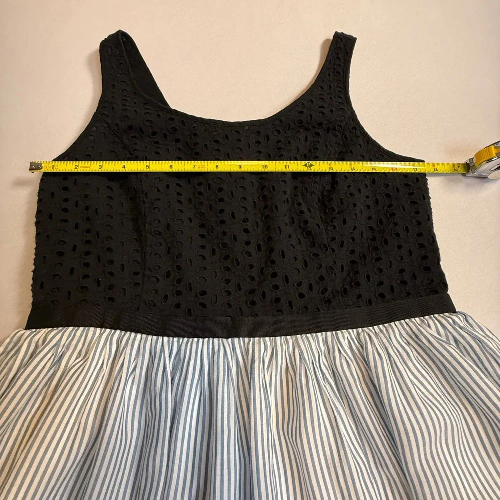 LOFT Eyelet Striped Fit & Flare Dress Blue White Black Petite 10P Sleeveless - Picture 9 of 12